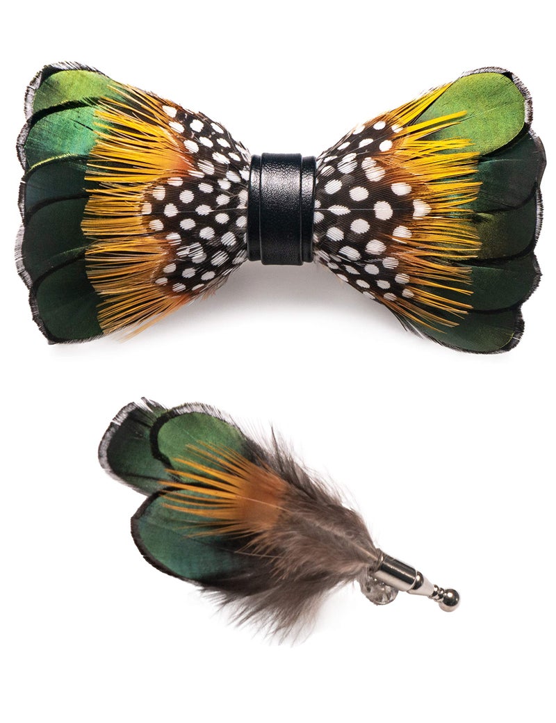 RBOCOTT Handmade Feather Pre-tied Bow tie and Brooch Sets for Men (green/yellow/white) - Image 1